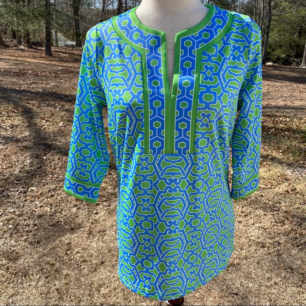 GRETCHEN SCOTT TOP TUNIC BLUE GREEN WHITE Y-NECK M